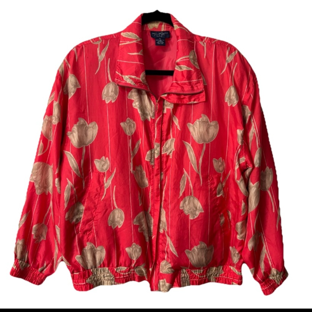 Vintage Silk Jacket Pink Coral Floral 80s 90s Kim Rogers Sport Petite Med Retro*